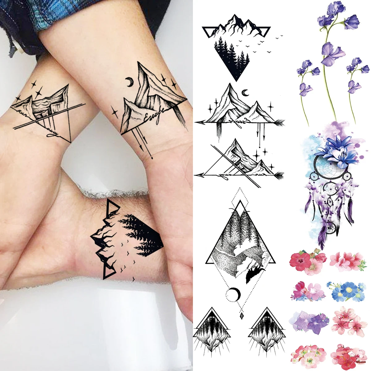 Реалистичные геометрические временные татуировки с изображением горного леса