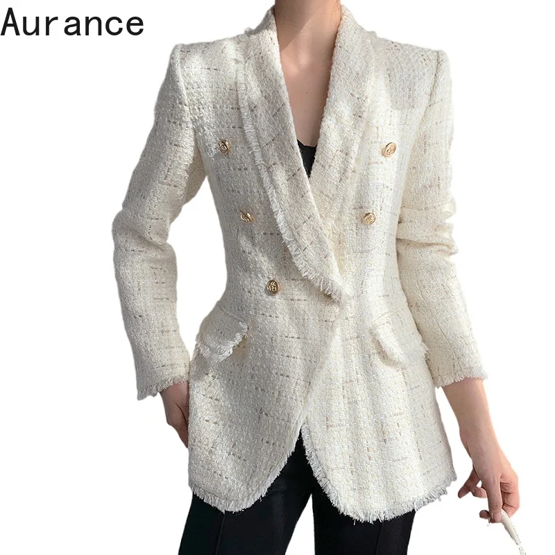 

[Aurance] Women Long Sleeve Double Breasted White Burr Blazer New Lapel Loose Fit Jacket Fashion Tide Spring Clothing 2021