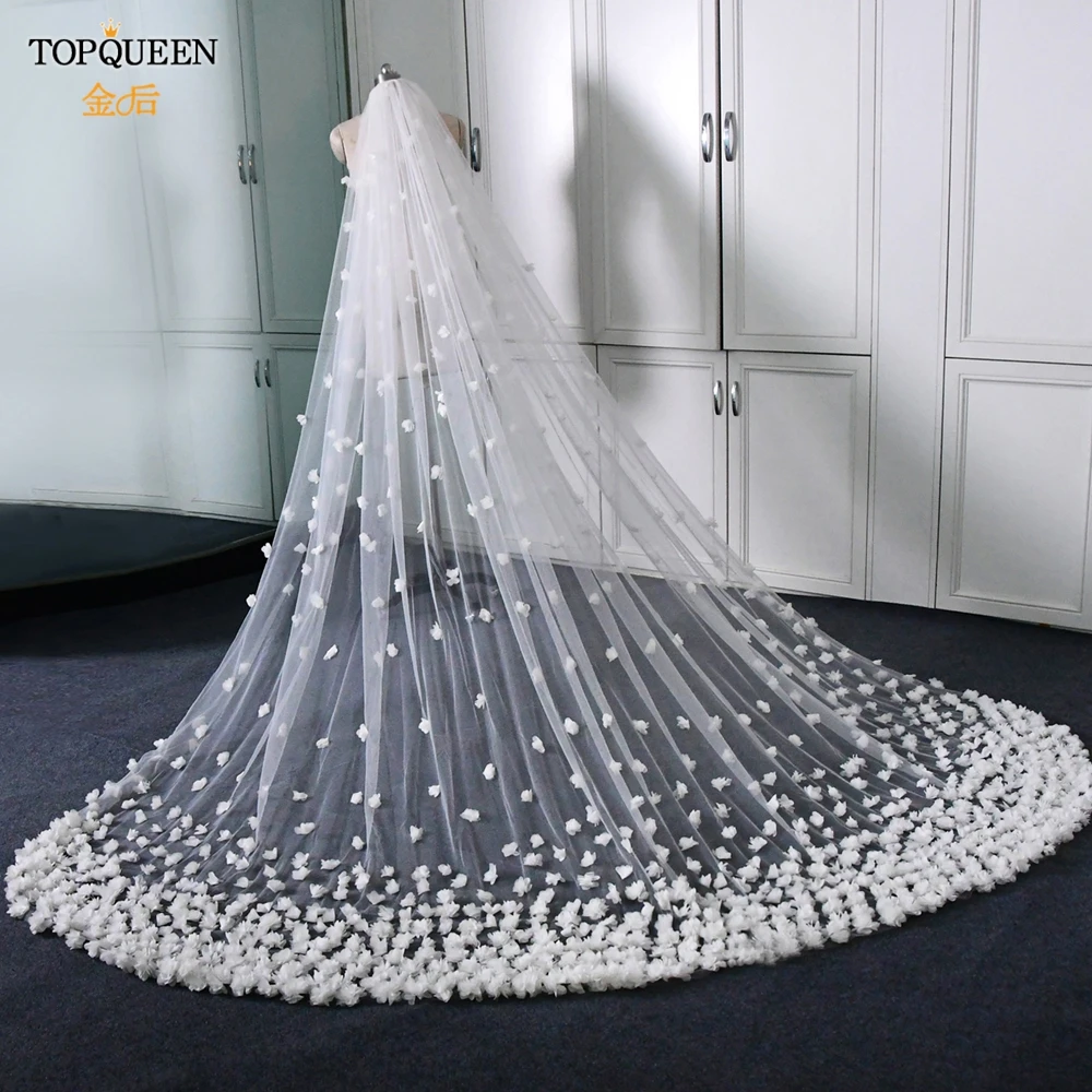 TOPQUEEN V93 3d Flowers Wedding Veil High Quality Handcrafted Cathedral Mantilla Bridal Veil Flowers Bridal Veil Soft Tulle Veil