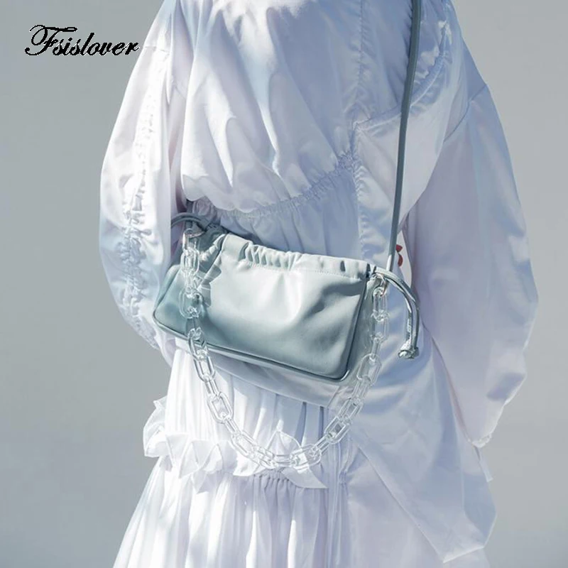 

2022 Hote sale acrylic chain pleated soft Women Shoulder Bags Split PU Leather Bags Solid Ladies Small Messenger Handbag Female