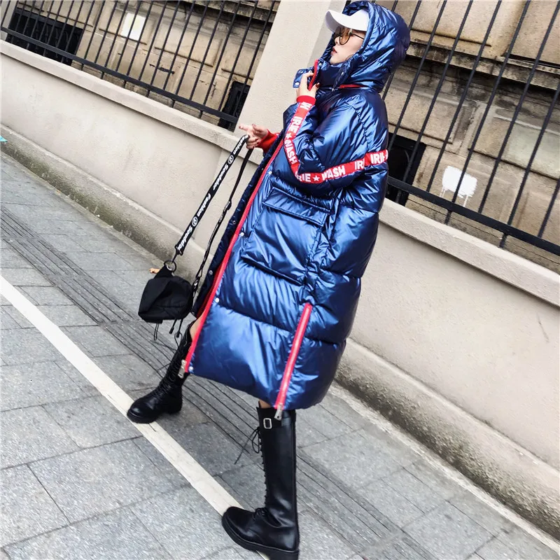 Модные Женские глянцевые средние длинные синие Серебристые черные пуховые