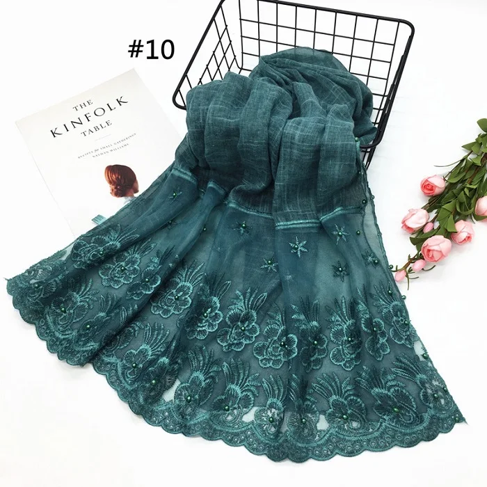 S06 dark green Хлопковые двухсторонние кружевные кромки цветок ретро модные шарфы шаль мусульманский хиджаб Бисер для женщин Простой макси глушитель - Цвет: S06 dark green