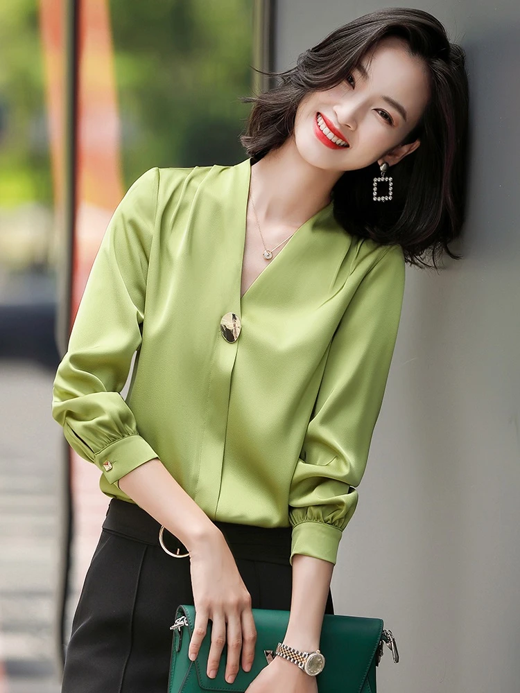 

Fashion Styles Long Sleeve Blouses Shirts Elegant Green V-neck Blouse Women Business Work Wear Blusas Female Tops Clothes