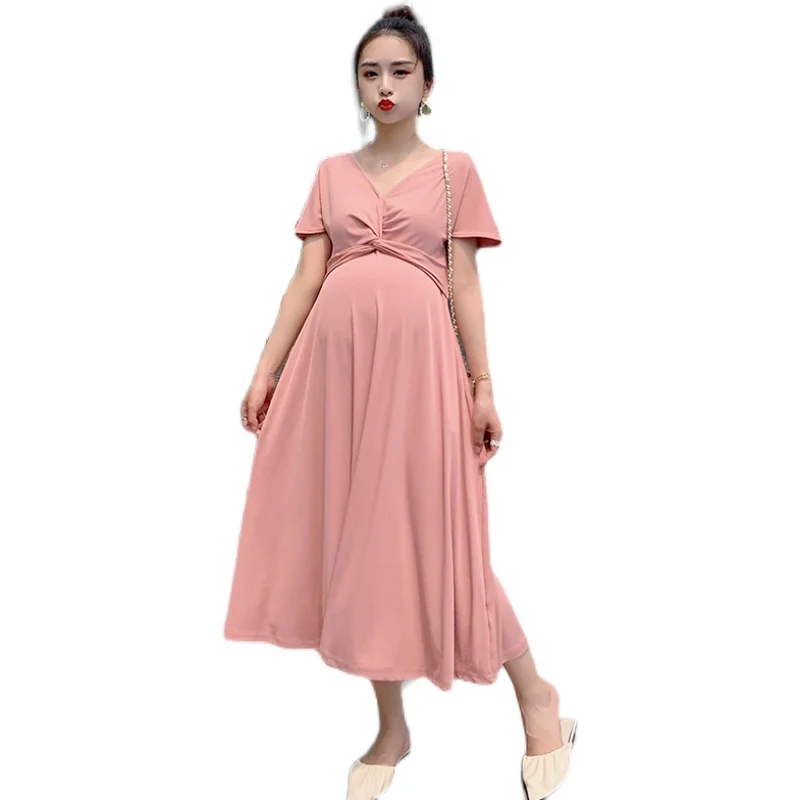 

5110# Summer Korean Fashion Maternity Long Party Dress High Waist Slim Loose Clothes for Pregnant Women Pregnancy Clothing