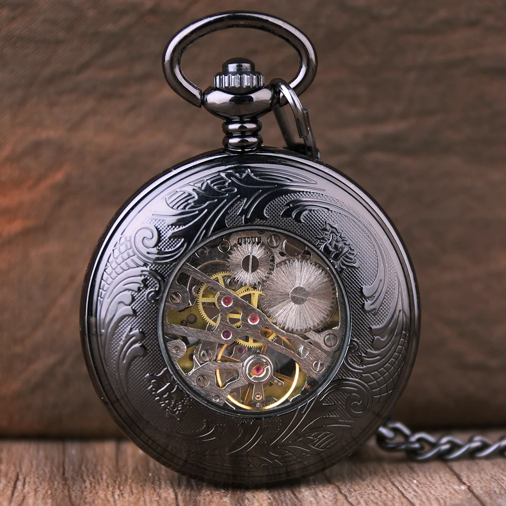 Black Steampunk Roman Numerals Display Skeleton Hand Style Mechanical Pocket Watch Retro Gentleman Men's Pendant Accessories