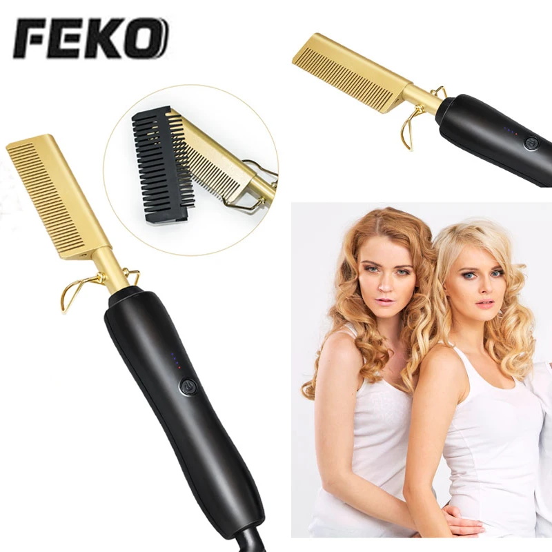 Выпрямитель для волос 2 в 1 золотой керамический нагревательный гребень завивки