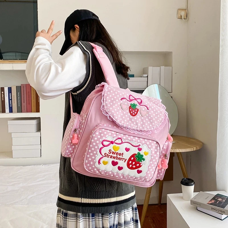Children's School Bags Student Girls Birthday Gift 2021 New Pink Girl Embroidery Strawberry Japanese Cartoon Children Backpack
