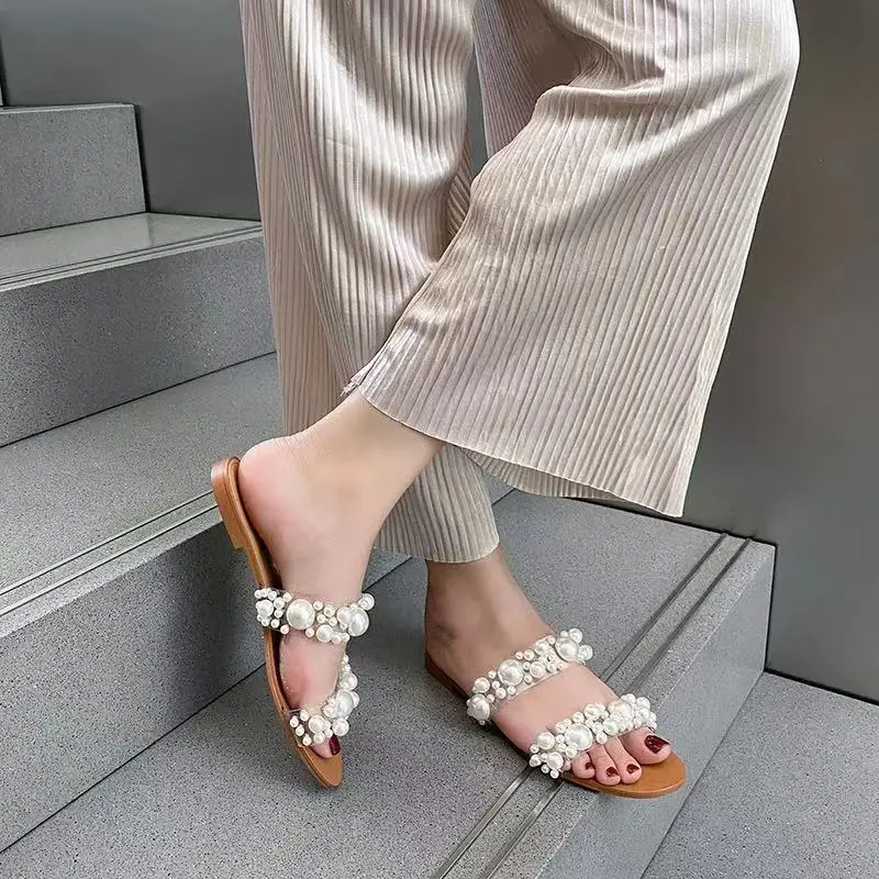

Women Vintage Pearl Boho Sandals Summer Shoes Comfortable Transparent String Bead Slippers Casual Flat Slippers Zapados Mujer