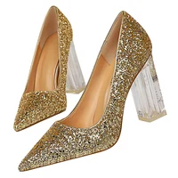 2022 Plus Size 43 Women Block 10cm High Heels Lady Scarpins Gold Silver Block Heels Pumps Female Wedding Transparent Chunky Shoe