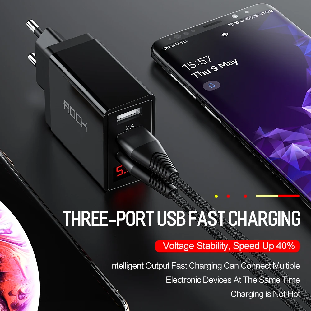Светодиодный дисплей ROCK QC 3,0 3A 3 USB зарядное устройство для телефона с быстрой зарядкой для iPhone Xiaomi huawei P30 Pro samsung Быстрый сетевой адаптер для ЕС Turbo