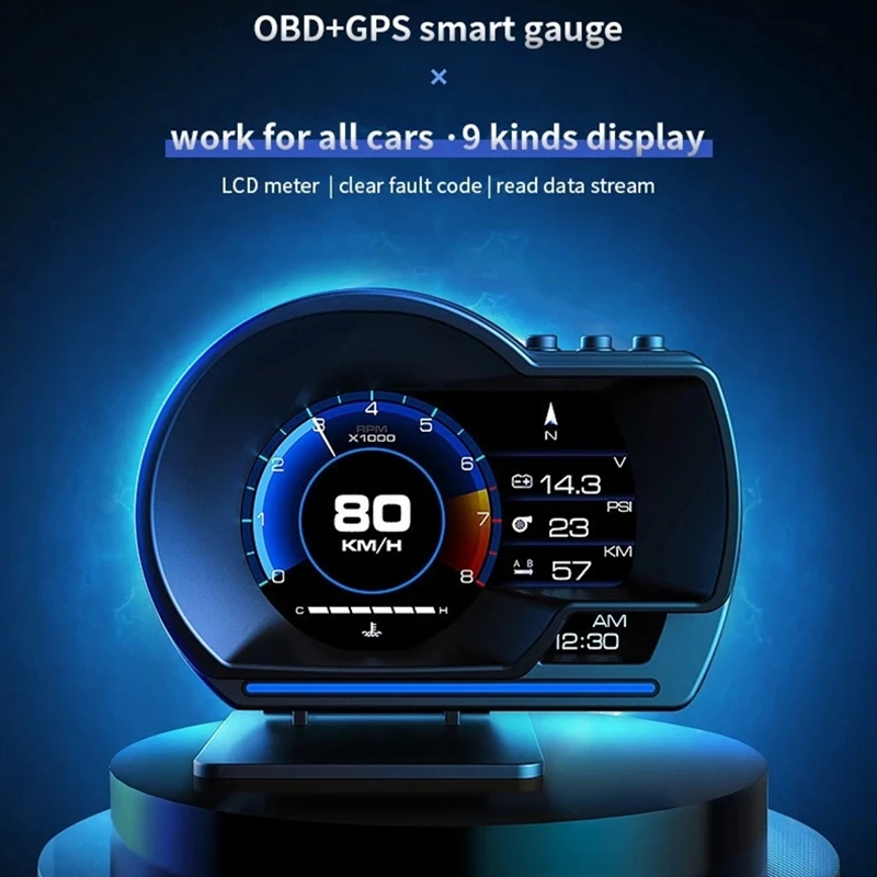 

Автомобильный датчик HUD-сигнализации OBD + GPS, цифровой датчик напряжения с оповещением об/мин, Spped ODO, температура воды