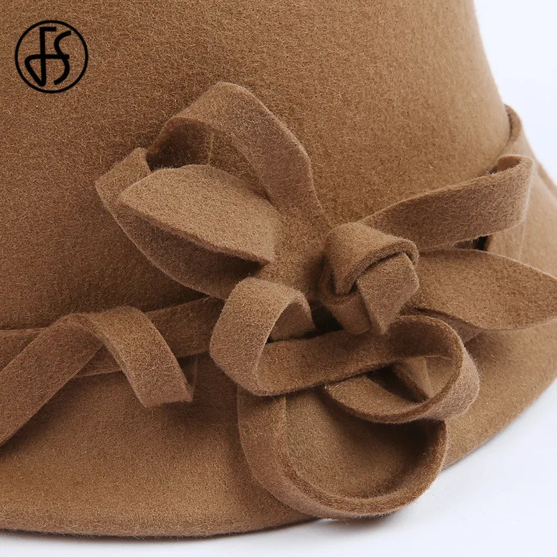 Женская винтажная фетровая шляпка FS черная шерстяная с цветочным рисунком на