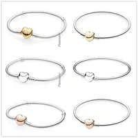 authentic 925 sterling silver bracelet rose love heart clasp snake chain bangle fit women bead charm diy fashion jewelry