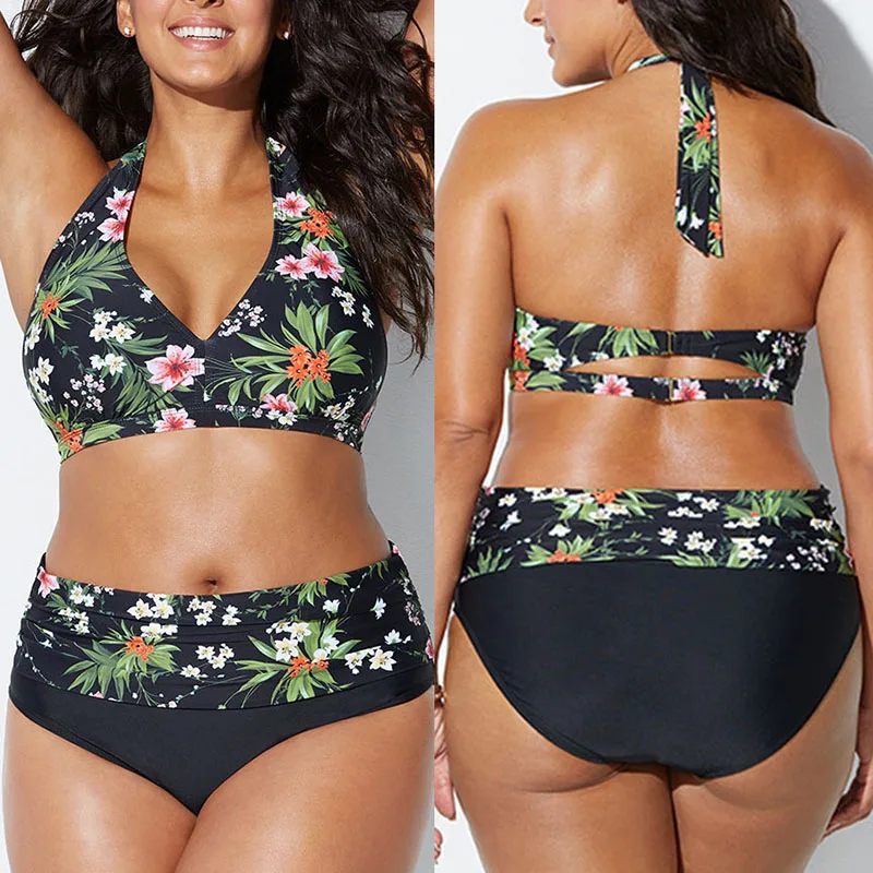 Женский купальник большого размера бикини с цветочным принтом и завышенной