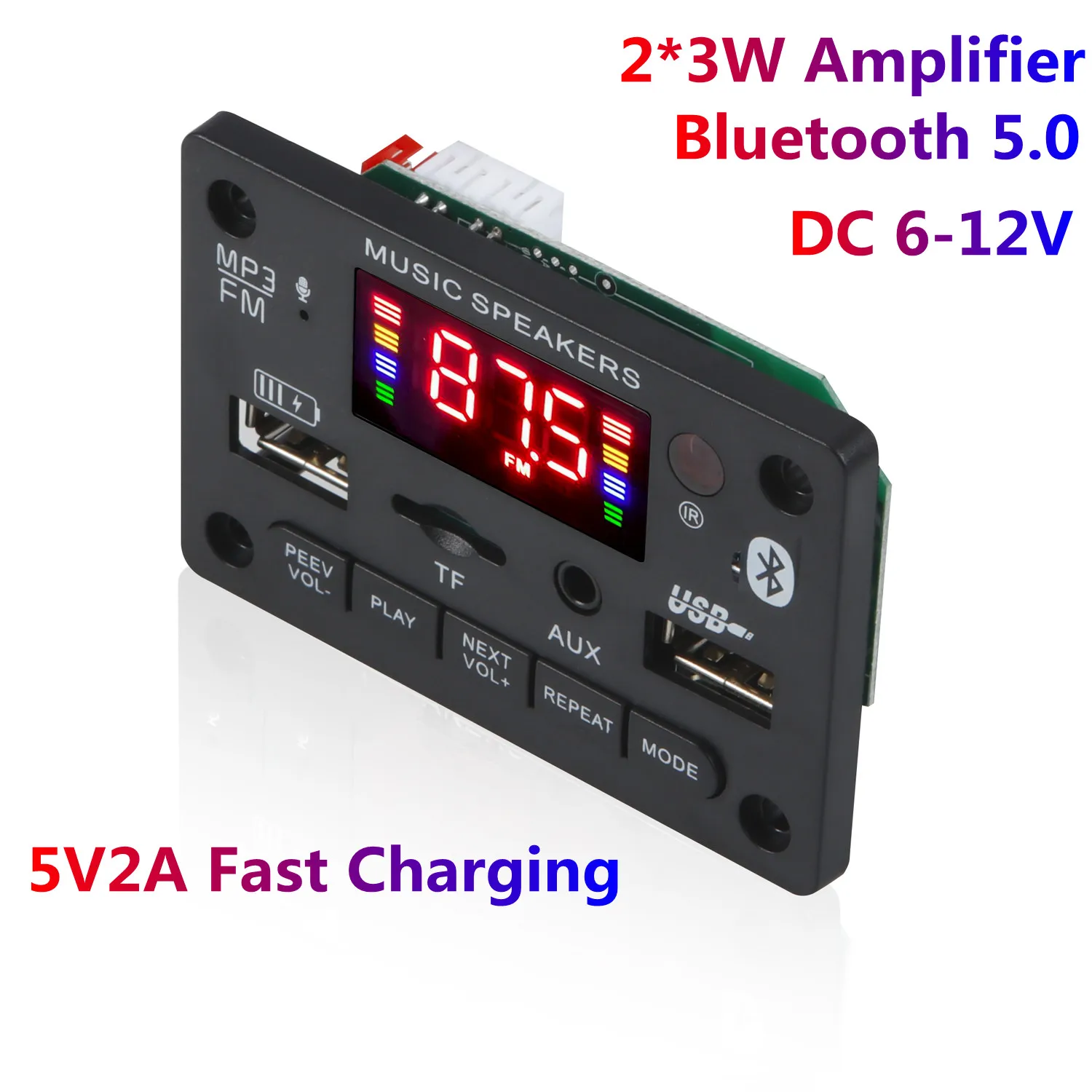 

2*3W Amplifier 12V Mini MP3 Decoder Board Bluetooth 5.0 Support Call Handsfree Decoding Module MP3 WAV AUX TF Card USB