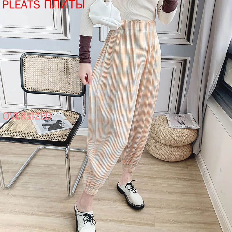 Heavy Fabric Miyake Pleated Pants Women's Autumn and Winter New Versatile Check Harun Casual Capris Pleats Trousers