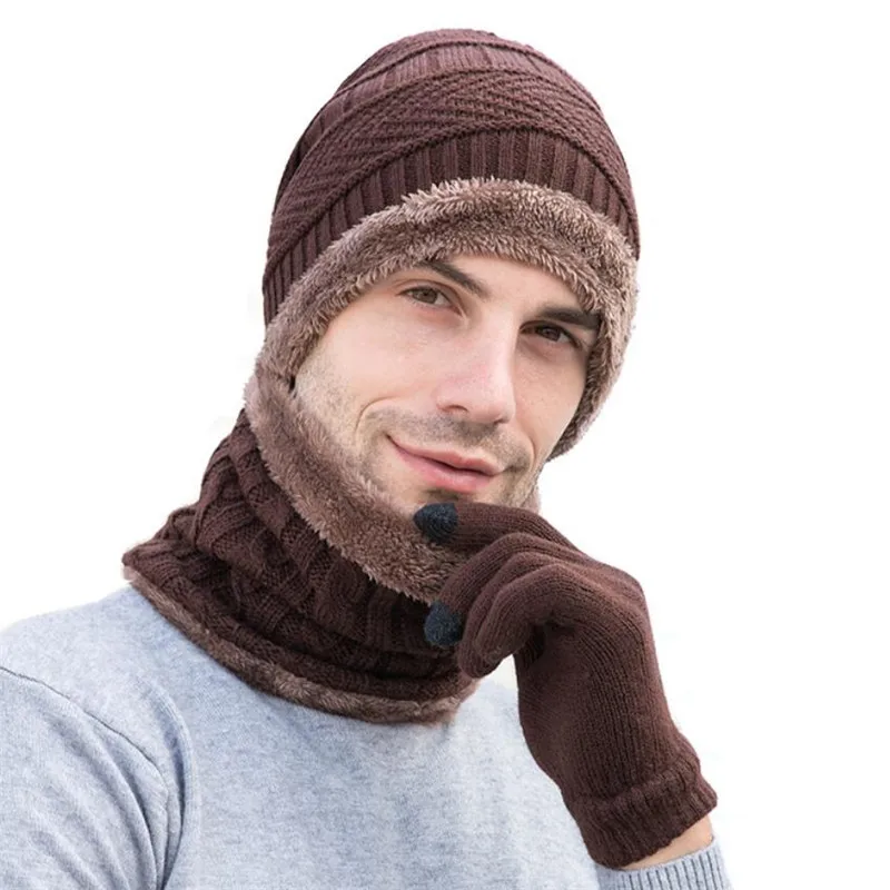 

Men Winter Knitted Hat And Scarf Gloves Set Women 2019 Warm Plush Hat 3 Piece Sets Male Outdoor Ski Cap Ring Scarves Solid Man