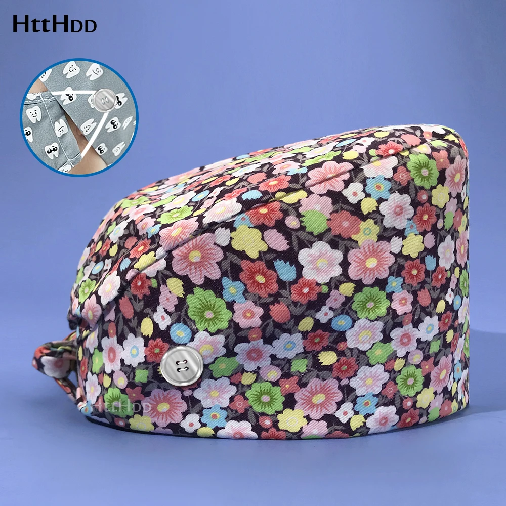 

Flower Print Hat Adjustable Doctor Beauty Salon Care Lab Veterinary Pet Shop Nursing Medical Scrubs Hat Gorro Enfermera Work Cap