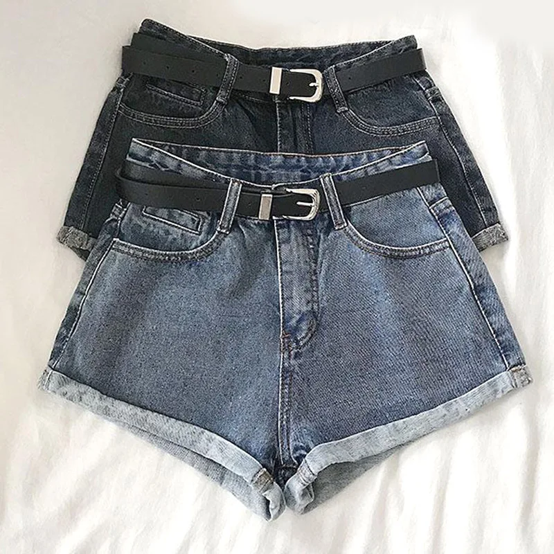 

2021 Casual Denim Shorts Women's Blue Women Short Jeans Khaki Wide Leg Elastic Waist Vintage High Waist Shorts Female Summer