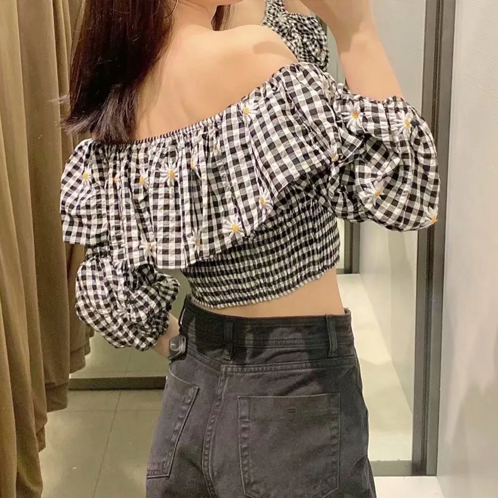 

DiYiG WOMAN Summer new women's clothing sweet style off-the-shoulder embroidery stretch waist tight plaid short shirt top