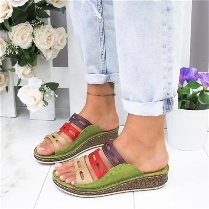 

Women's Beach Slippers 2020 Summer Women Lady Retro Stitching Colorcasual Low Beach Open Peep Toe Sandals 3 Colors Shoes Slides