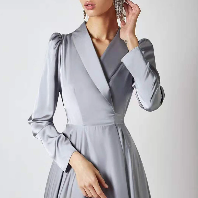 

VGH Elegant Ruched Dress For Women V Neck Long Sleeve High Waist Solid Midi Dresses Female Fashion New Clothing 2020 Autumn Tide