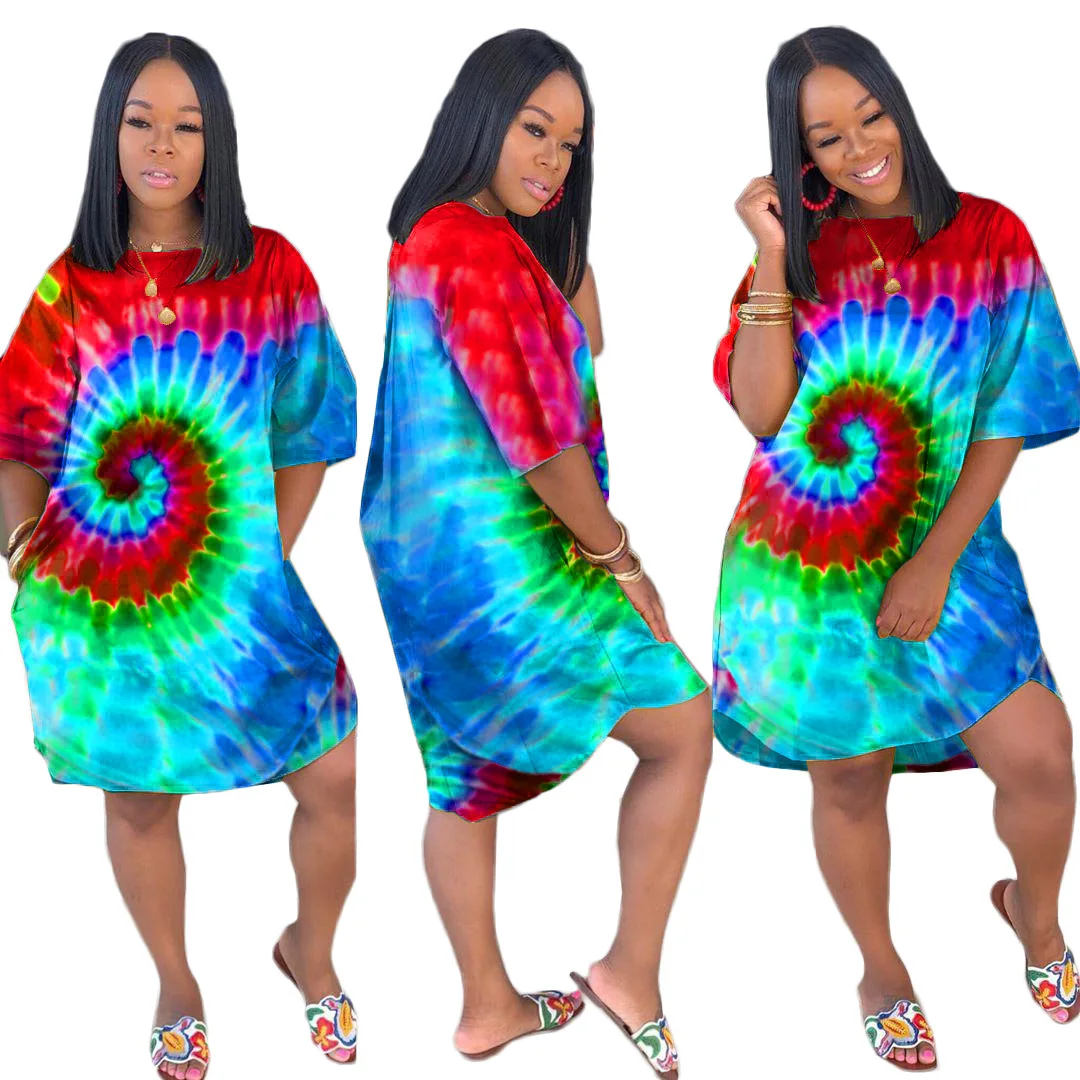 Красный HAOYUAN Tie Dye, платье размера плюс, женская осенняя одежда, Robe Femme, больше размера d, Vestido, сексуальное Клубное рождественское платье, свободная футболка, платья - Цвет: Красный