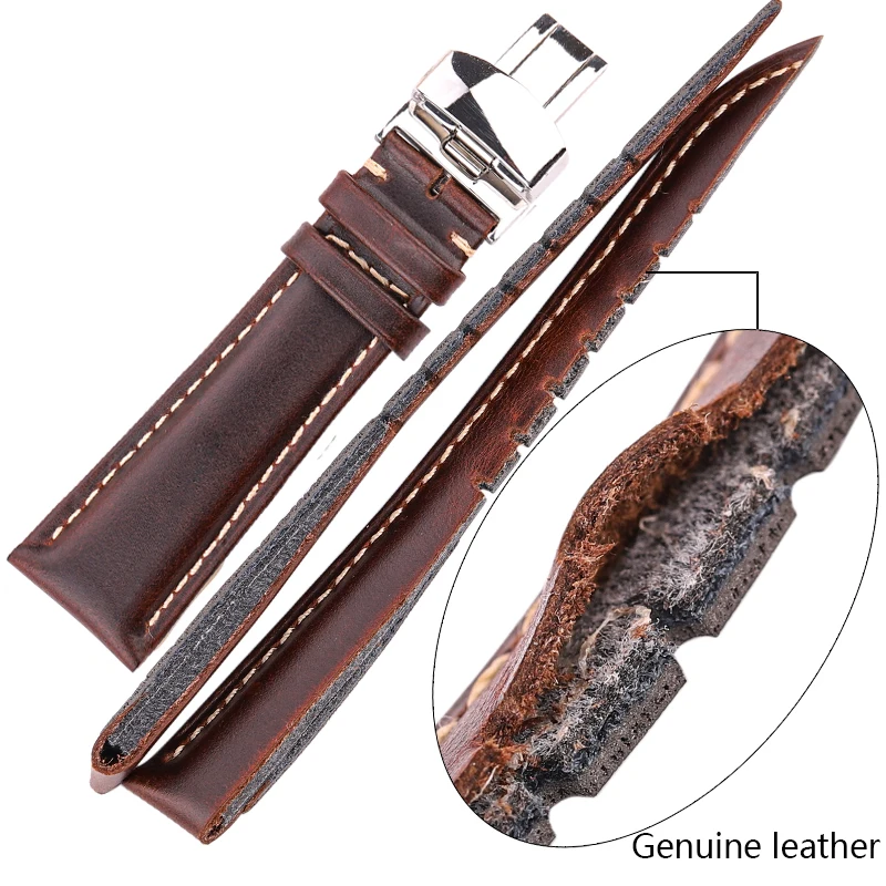 18-24mm Women Men Vintage Smooth Watch Band Strap Dark Brown Genuine Leather Bracelet Metal Butterfly Deployment Clasp Buckle