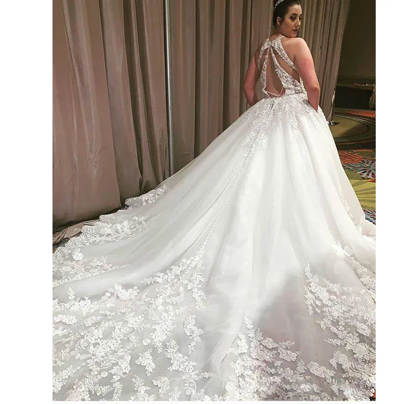 

Elegant Custom made Appliques and Long Train Backless Wedding Dresses O Neck Tulle Church Wedding Gown Vestido novia
