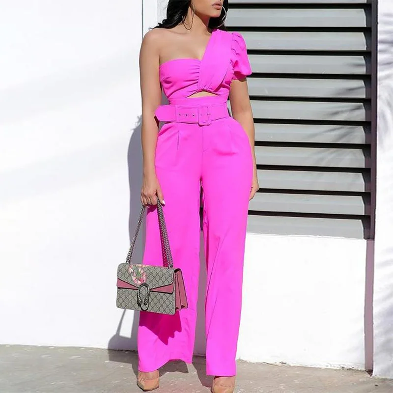 Женский топ на одно плечо с рюшами и брюки комплект из двух предметов