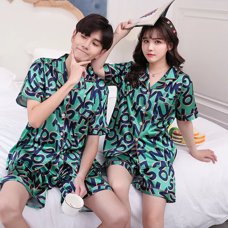 

Lovers Pyjamas Women Short Sleeves Silk Satin Pajama Sets Cartoon Dog Couple Pajamas For Women Sleepwear Sets Pijama Mujer XXXL