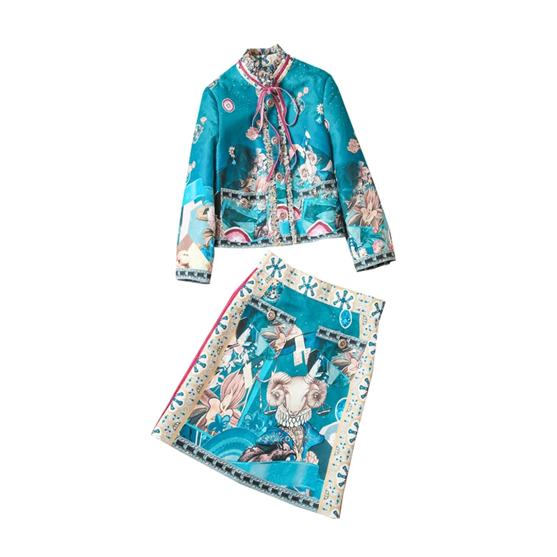 

JCHB 2021 temperament spring and autumn new stand collar 6 sleeve print coat half skirt fashion suit