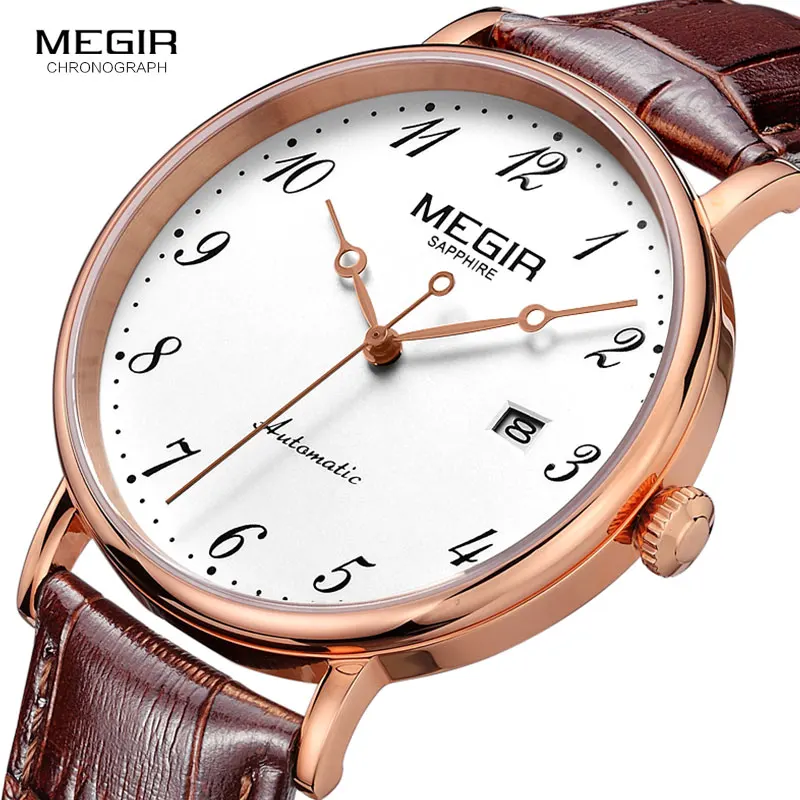 Мужские автоматические механические часы MEGIR спортивные кожаные с турбийоном