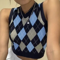 v neck vintage argyle sweater vest women black sleeveless plaid knitted crop sweaters casual autumn preppy style 2021 tops