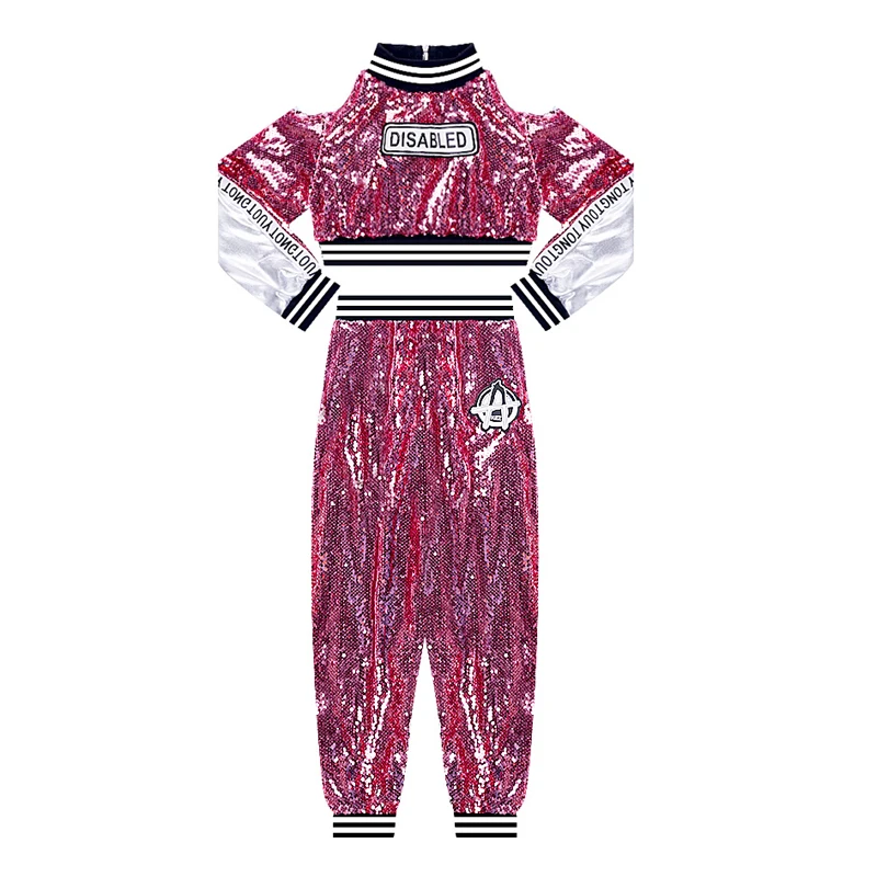 

2021 Girls Jazz Dance Shiny Sequin Long Sleeve Suit Kids Street Dance Performance Clothes HipHop Suit Catwalk Show Outfit
