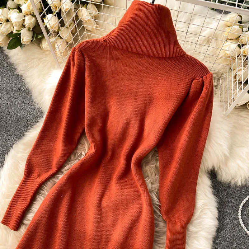 

Chic Hollow Turtleneck Knitted Dress Women Elegant Solid Elastic A-line Dress Winter Warm Fashion Streetwear Dresses DZA434