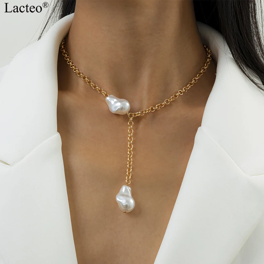 

Lacteo Steampunk Collor Chunky Thick Twist Chain Female Charm Necklace Hip Hop Single Layered Imitation Pearl Pendant Necklace