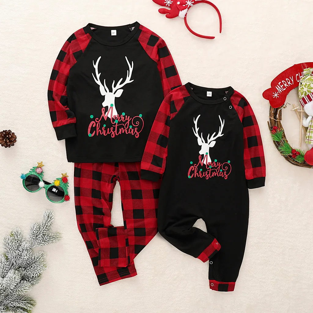 Hot Sale Family Matching Christmas Clothes Newborn Baby Infant Pajamas Deer Plaid Rompers | Детская одежда и обувь