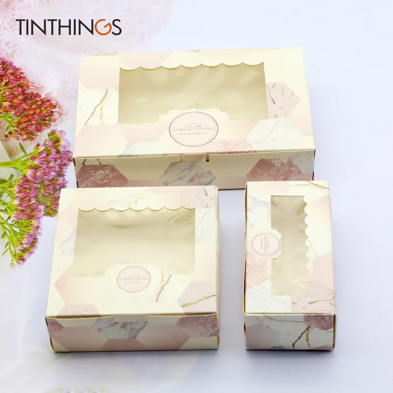 

20PCS Paper Gift Box With Window Pink Marble Wedding Party Food Packaging Candy Wedding Cardboard Cake Boxes Valentine's Day