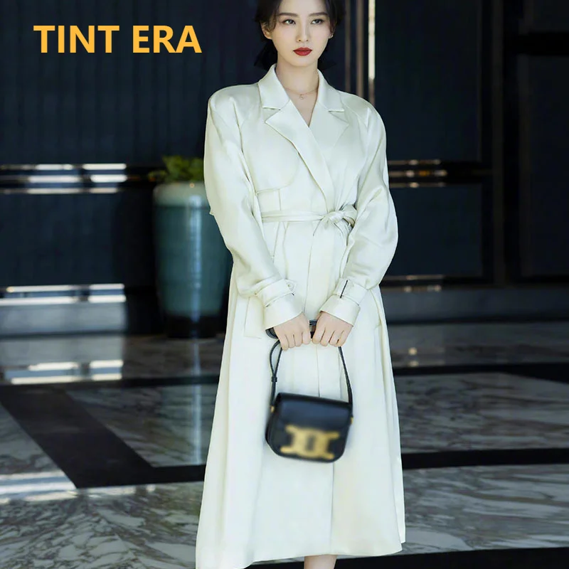 

TINT ERA Beige Waist Belt Satin Temperament Gentle Mid-length Windbreaker Jacket 2021 New Spring Moda Mujer Trench Coat Women