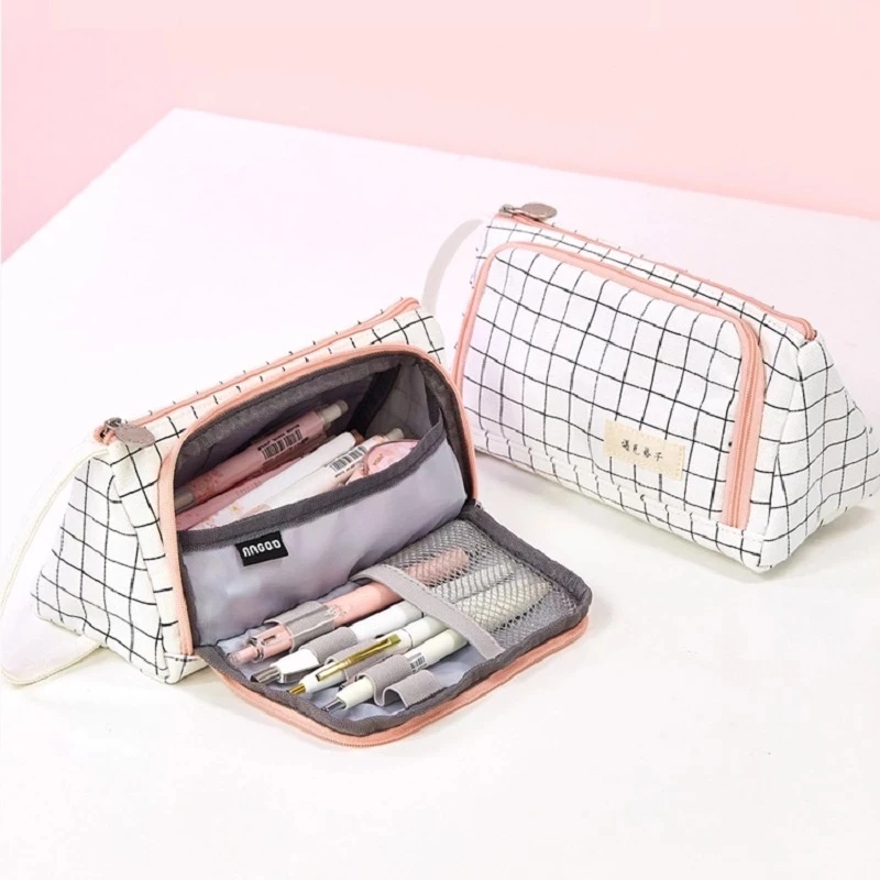 

Solid Color Stationery Organizer for School Girls Pen Pouch Holder Canvas Office Supplies Makeup Case Gift Box