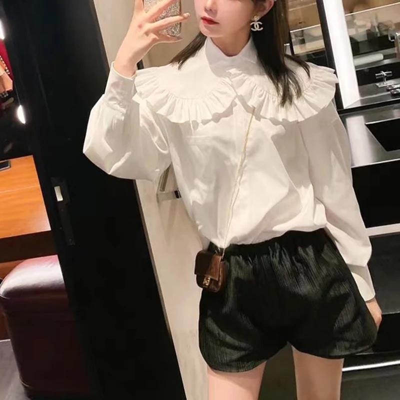 

Big Lapel Button Up Shirts Womens 2021 Spring Autumn Long Sleeve White Cotton Blouse Original Design Japanese Style Ruffles Tops