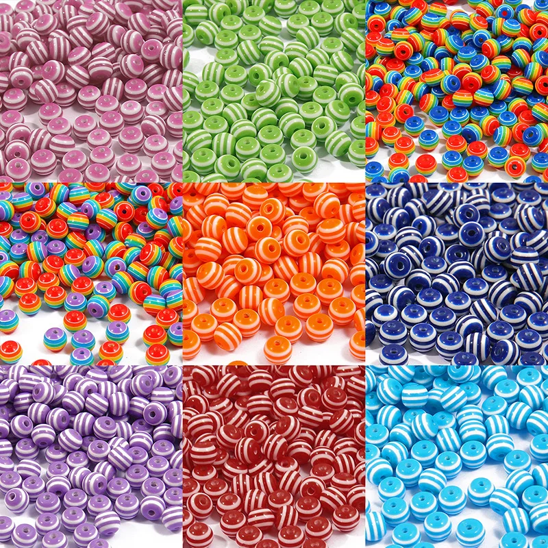 

50Pcs/lot Fashion Stripes Indian Beads For Jewelry Making With Hole Rainbow Colors Acrylic Round Loose Beaded For Women