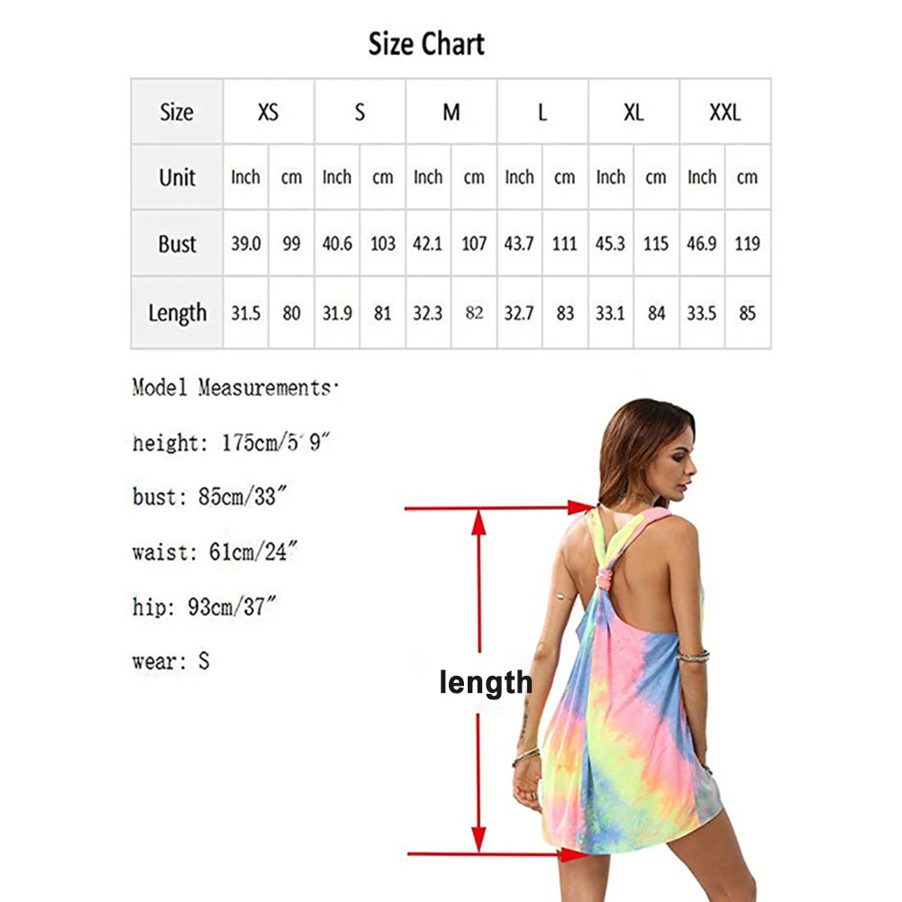 

Sexy Women Tie Dye V Neck Sleeveless Cross Back Loose Party Beach Mini Dress