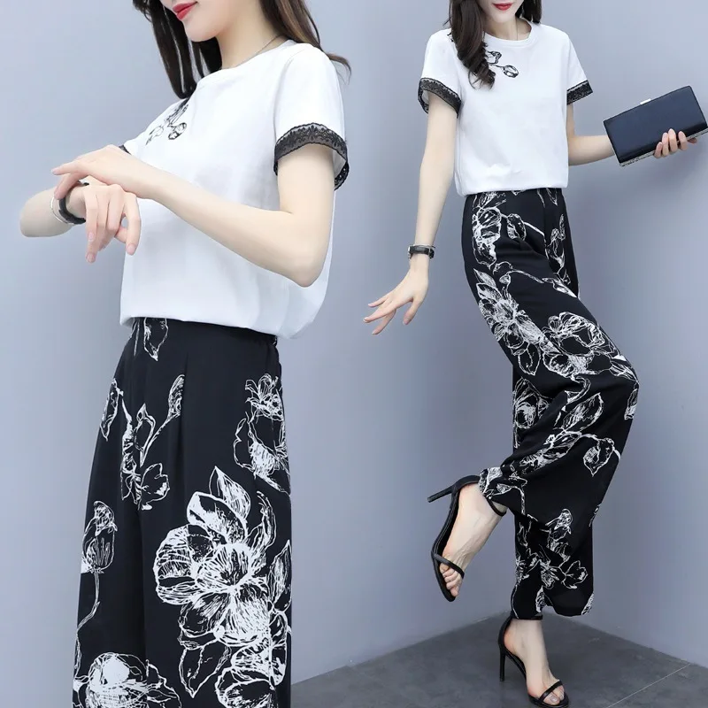 Широкие брюки модные женские летние футболки с круглым воротником и принтом +