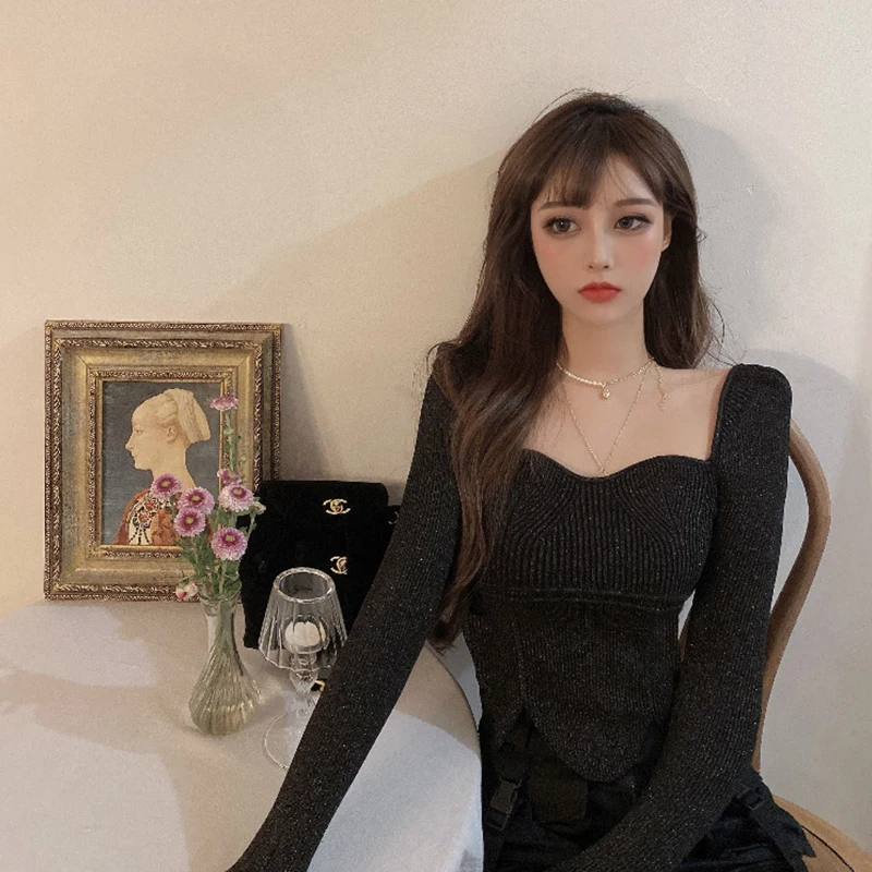 

Square collar bottoming shirt women's autumn and winter short sweater slim sweater top sweater women korean sweater vest