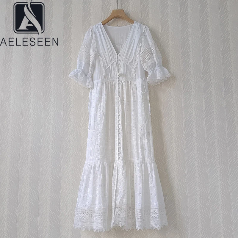 

Женское платье из 100% хлопка AELESEEN, белое дизайнерское длинное платье с v-образным вырезом, рукавами-фонариками и цветочной вышивкой