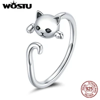 wostu 925 sterling silver original cute cat ring adjustable size rings finger for women elegant silver jewelry cqr707