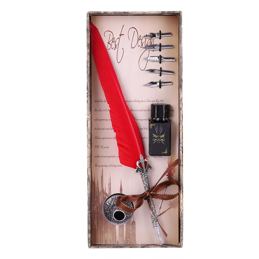 

Feather Pen Set Vintage Advertising Gift ink Pen Dip Water Metal Fountain Pen Set Birthday Gift Box 5 Nibs Valentine gift