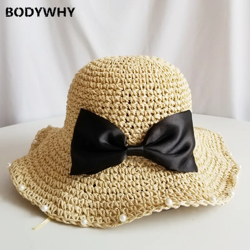 New High Quality Hat Female Korean Summer Sun Visor Net Red Fisherman Hat Japanese Wild Beach Pearl Bow Straw Hat Free Shipping